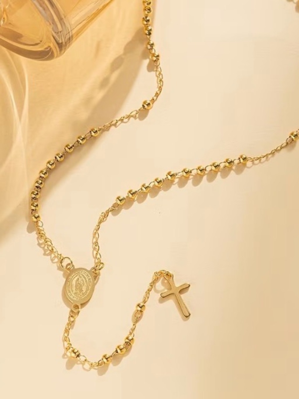 Gold Rosary-Style Cross Necklace - Elegant Women's Jewelry